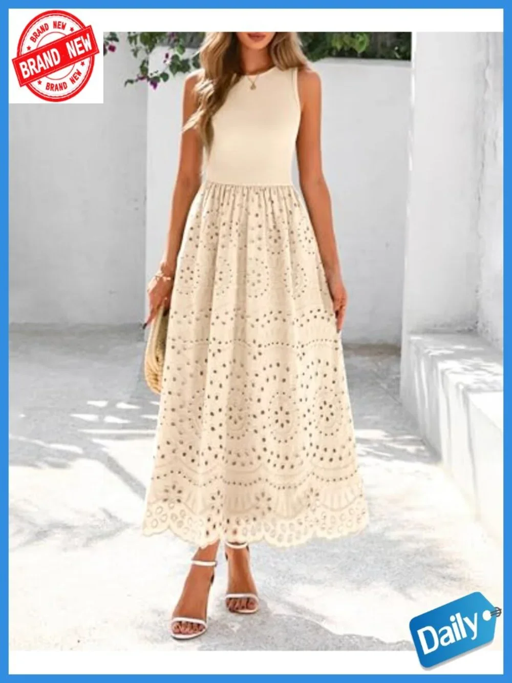 Sleeveless Crewneck A-Line Boho Lace Eyelet Cotton Tank Maxi Dress with Pockets